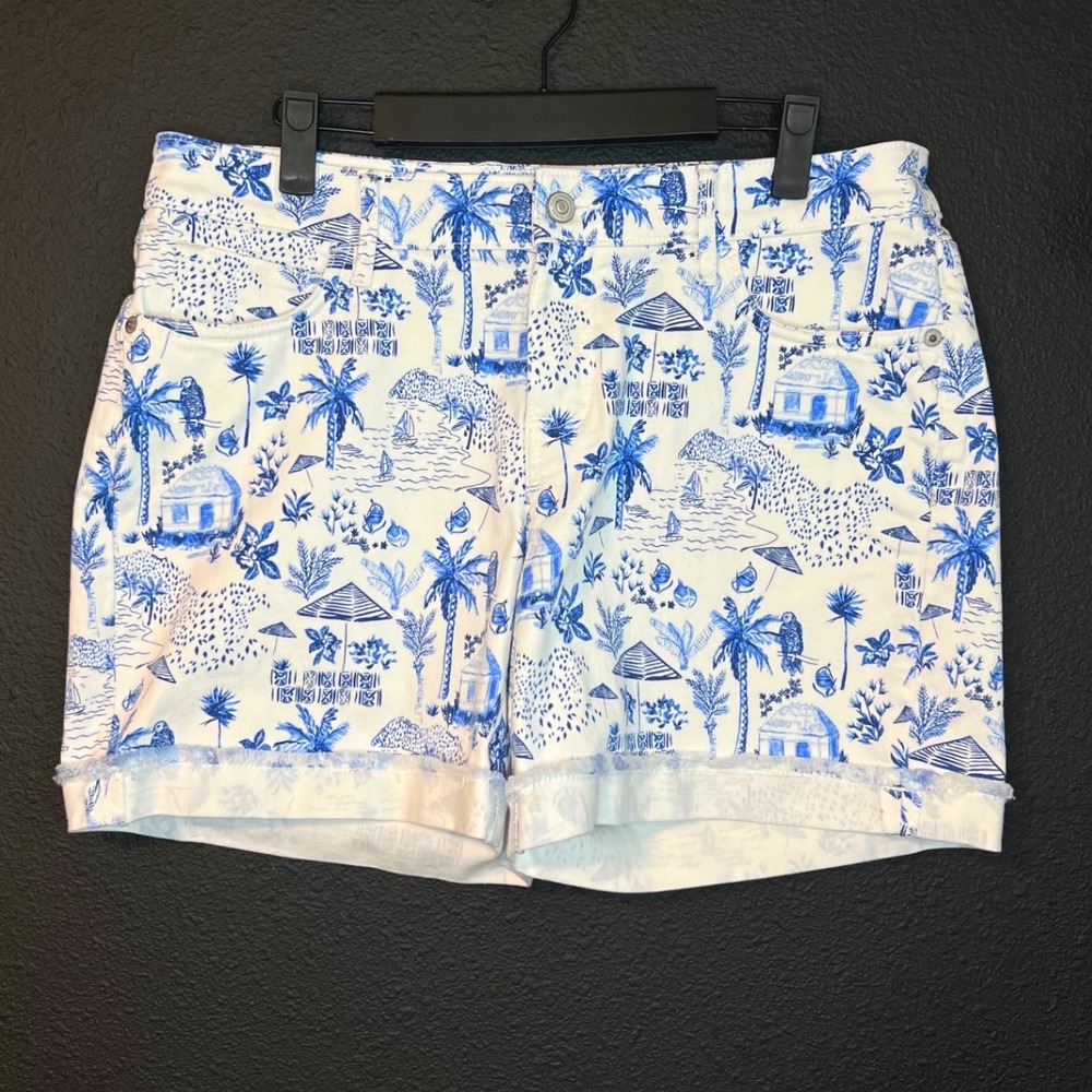 Tommy Bahama Denim Blue White Coastal Toile Shorts Palm Print Chino Summer